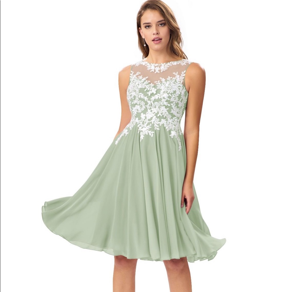 Azazie Sage Green and White Lace Midi Dress